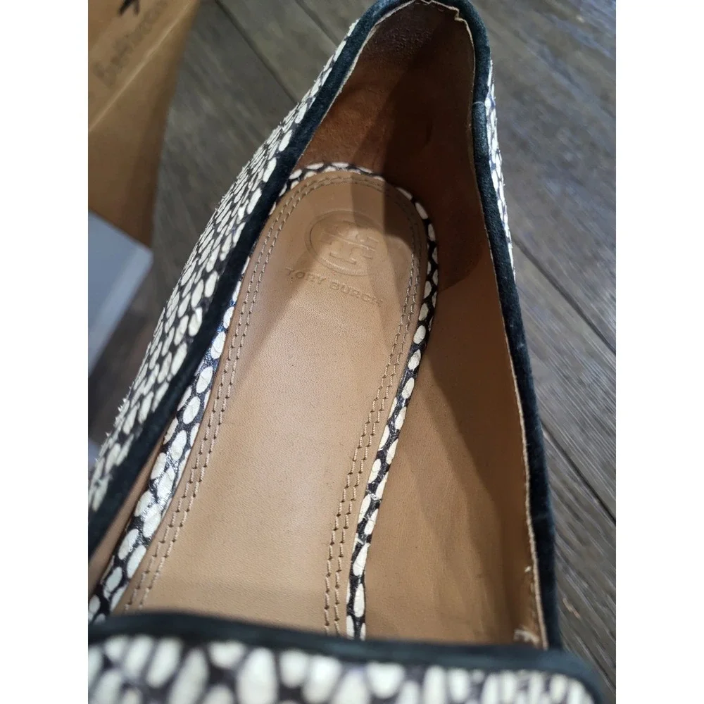 Tory Burch King Cobra Leather Block Heels Size 11 Black & Cream Great Shape‎